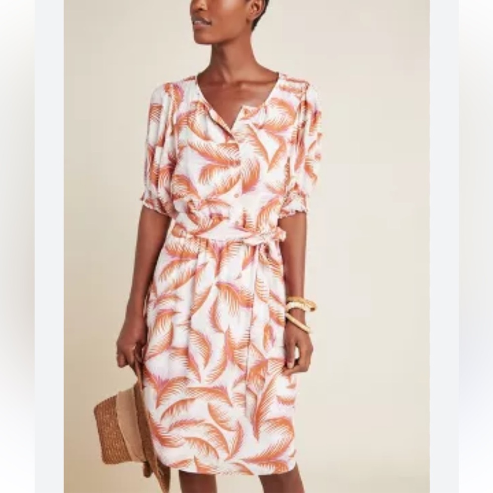 Anthropologie Nicole Tropical Print Dress shirtdress tie belt